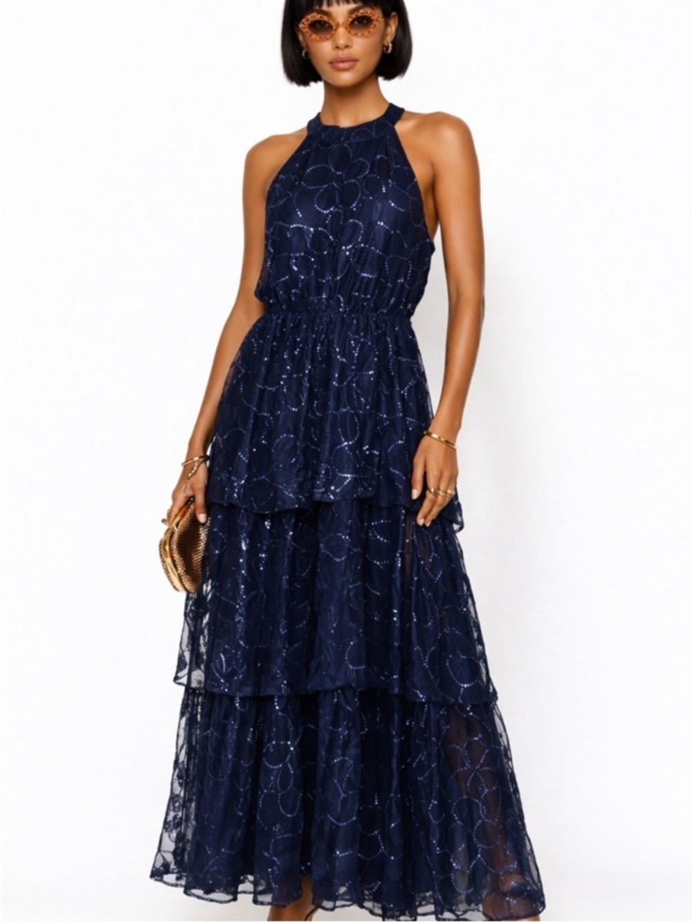 NWT Lulus Blooming Glow Navy Blue Sequin Floral Tiered Halter Midi Dress Size M
